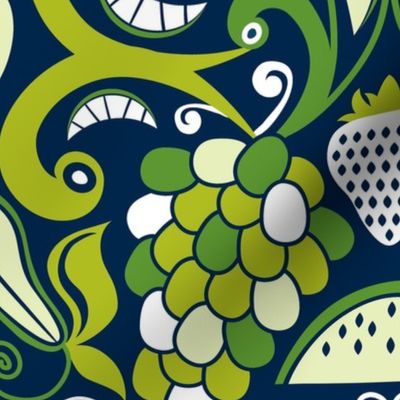 Ambrosia - Fruit Damask Pineapple Navy Blue Green Jumbo Scale