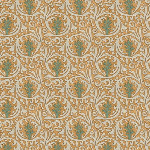 Wild West- Prickly Pear Tooled Leather Pattern- Verdigris Wheat Isabelline on Earth Yellow Leather Texture- Small Scale