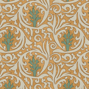 Wild West- Prickly Pear Tooled Leather Pattern- Verdigris Wheat Isabelline on Earth Yellow Leather Texture- Regular Scale