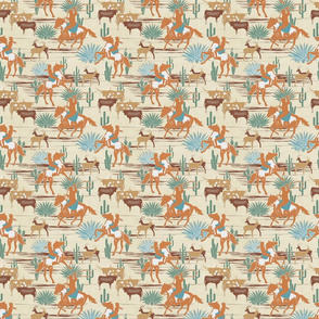 Wild West- Cowgirl Cowboy Herding Cattle in the Desert- Wheat Russet Tangerine Aqua Verdigris on Eggshell Leather Texture- Small Scale