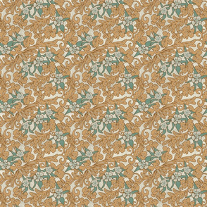 Wild West- Colorado Blue Columbine Tooled Leather Pattern- Verdigris Earth Yellow on Isabelline Leather Texture- Small Scale