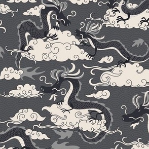 chinese dragons in the sky - black and white
