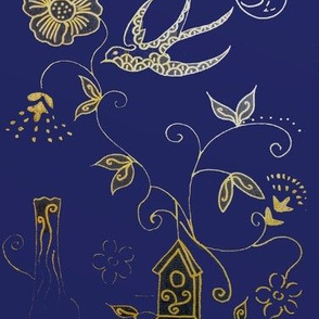 The English Wild Wood Night Walk Toile - Art Nouveau -Midnight Blue - With Gold Detail