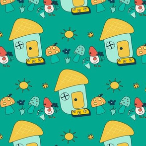 Gnome, Mushroom, house and sun on a teal background - baby boy and baby girl nursery design