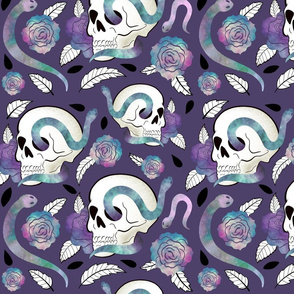 Ethereal Enigma: Skulls, Snakes, and Roses with Purple Background