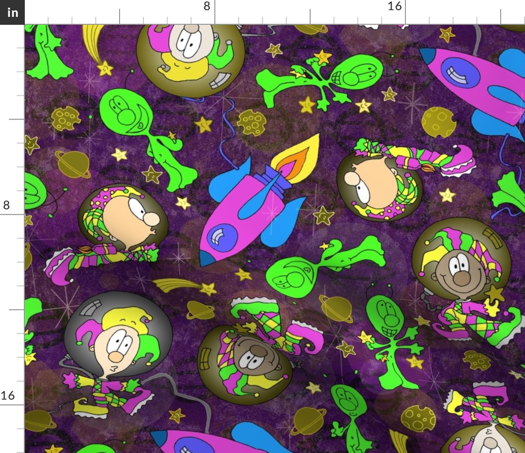 Jesters in Space  -- Cute Aliens and Cute Jester Astronauts floating in a Galaxy of Moons, Planets, and Stars with Spaceships - 235dpi (63% of Full Scale)