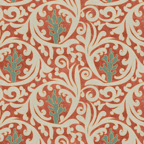 Wild West- Prickly Pear Tooled Leather Pattern- Verdigris Isabelline on Coral Leather Texture- Regular Scale