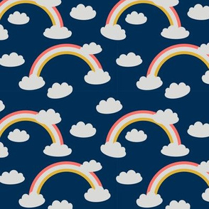 Kawaii clouds, rainbow. Seamless pattern Limited Color Palette Coral Gray yellow on Navy blue background.