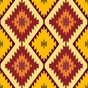 Turkish carpet yellow maroon orange brown. Patchwork mosaic oriental kilim rug with traditional folk geometric ornament. Tribal style