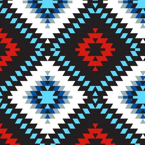 Turkish carpet blue white red black. Colorful patchwork mosaic oriental kilim rug with traditional folk geometric ornament. Tribal 