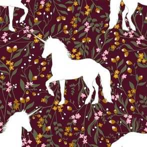 Unicorn Dancing in Garden, Retro Wine Pink Mustard