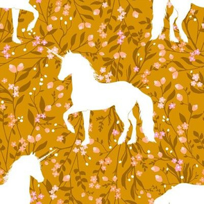 Unicorn Dancing in Garden, Retro Golden Mustard