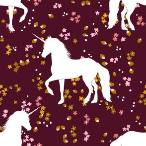 Unicorn Dancing in Garden, Retro Wine Pink Mustard Blossoms