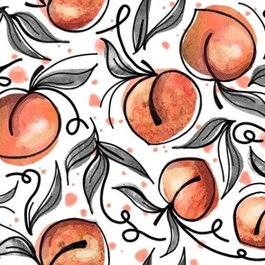 Watercolor Peaches - Gray Leaves