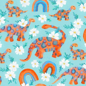 Dotty Dino Rainbow Floral on Pale Teal - large