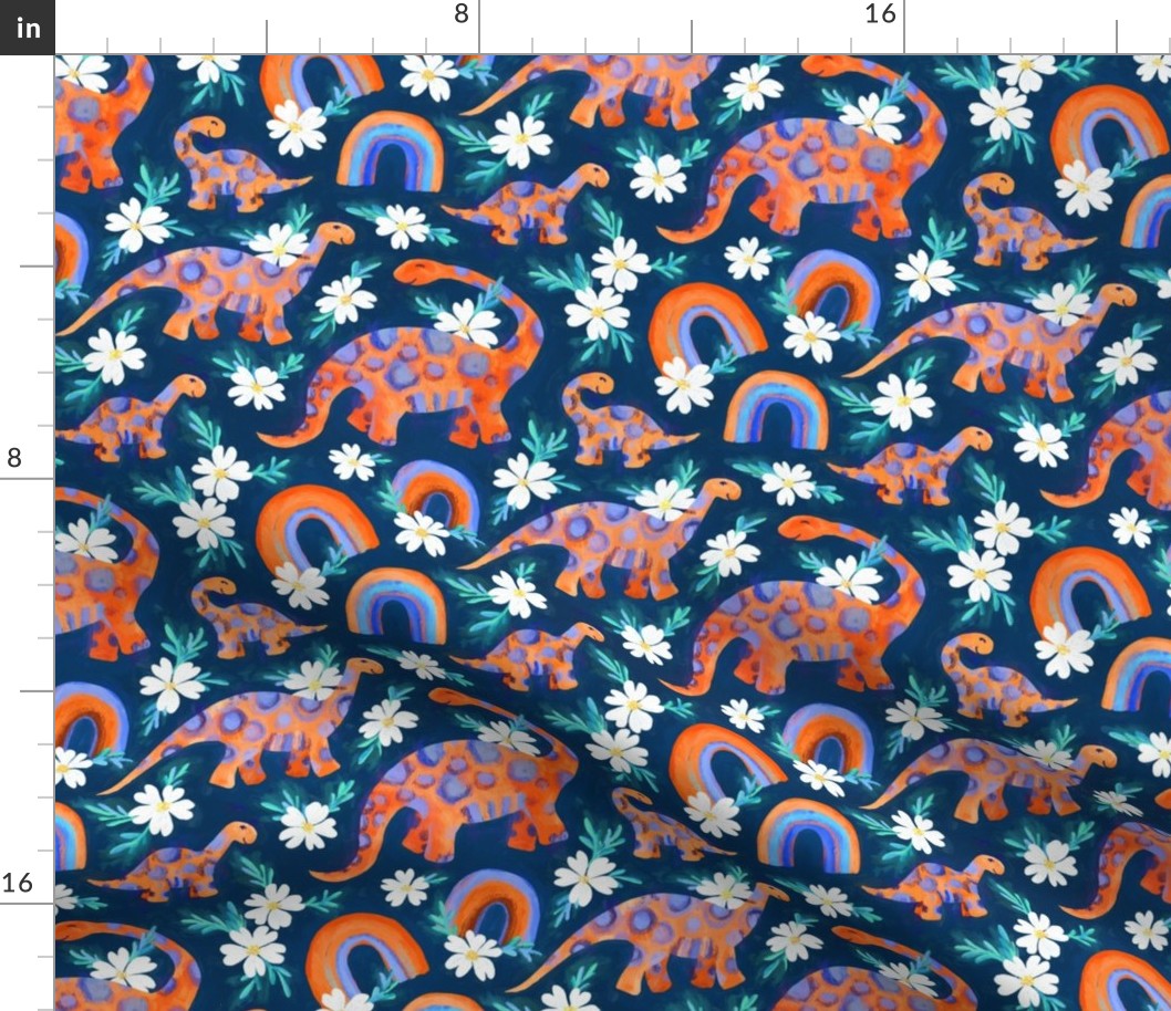 Dotty Dino Rainbow Floral on Dark Blue - large