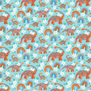 Dotty Dino Rainbow Floral on Pale Teal - micro print