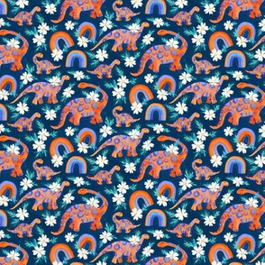 Dotty Dino Rainbow Floral on Dark Blue - micro print