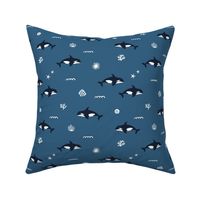 Orca whales. Blue background. Medium scale