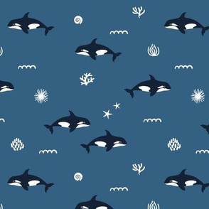 Orca whales. Blue background. Small scale