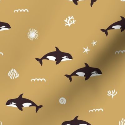 Orca whales. Mustard background. Medium scale