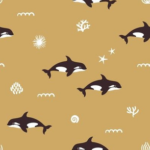 Orca whales. Mustard background. Medium scale