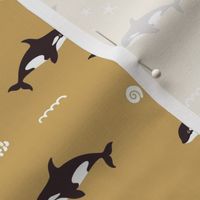 Orca whales. Mustard background. Small scale