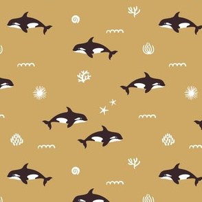 Orca whales. Mustard background. Small scale