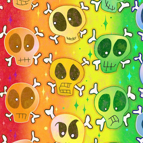 Very Rainbow! Skulls in Rainbow Colors over Skeleton Bones and Bright Rainbows - Bright Rainbow Skull Gay Pride Flag -- 150dpi (Full Scale)