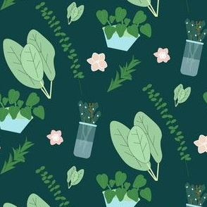 Herbs and pink flowers on a dark green ba