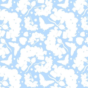 Gran's Aussie Rainforest #2 (Ulysses Butterfly) - white silhouettes on sky blue, medium 