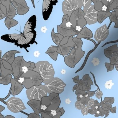 Gran's Aussie Rainforest #2 (Ulysses Butterfly) - greyscale on sky blue, medium 