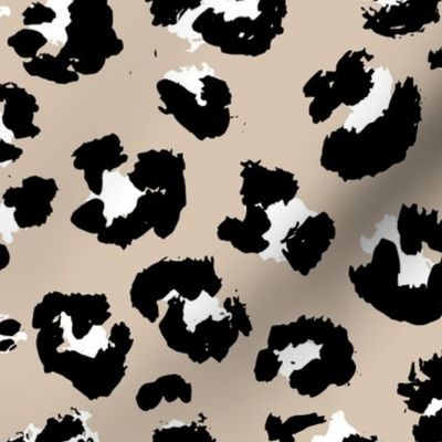 Raw free hand leopard spots wild boho animal print in sand beige black and white  JUMBO