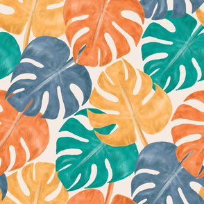 Colorful Tropical Monstera Deliciosa Plant Leaves, Modern Abstract Hand-painted Watercolor Botanical Pattern in Mint, Indigo, Ochre and Mustrad Colors