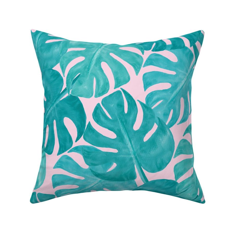 Tropical Monstera Deliciosa Plant Leaves Mint Turquoise Blue and Pink