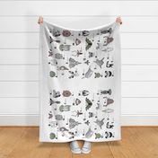 Yard scale 54"x36" // ABC Geometric animal alphabet // white background black and white animals with green grey and taupe details