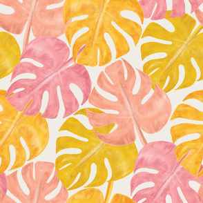 Tropical Monstera Deliciosa Plant Leaves, Modern Abstract Hand-painted Watercolor Botanical Leaf Pattern in Pastel Golden and Peachy Rose Blush Pink Colors