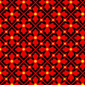 medieval-style geometric floral, red and black with yellow