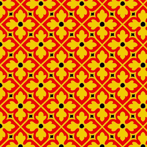 medieval-style geometric floral, yellow and red with black