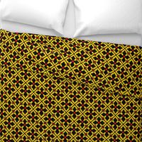 medieval-style geometric floral, black and yellow with red