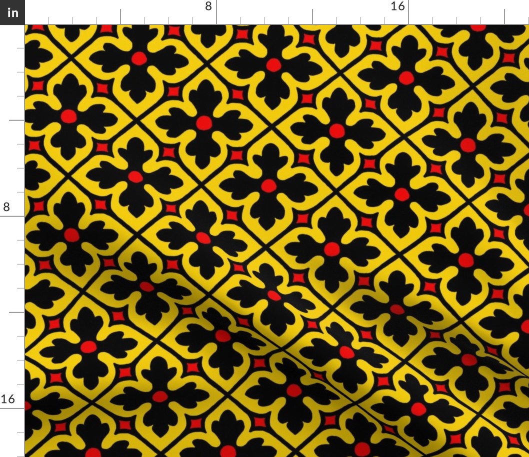 medieval-style geometric floral, black and yellow with red