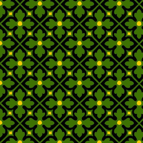 medieval-style geometric floral, green and black with yellow