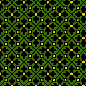 medieval-style geometric floral, black and green with yellow