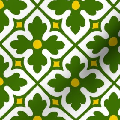 medieval geometric floral, green and white with yellow