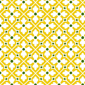 medieval geometric floral, white and yellow with green