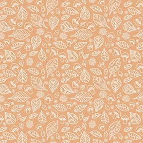 Little forest leaves and toadstools autumn woodland boho design hand drawn outline white on peach orange 