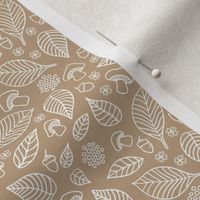 Little forest leaves and toadstools autumn woodland boho design hand drawn outline white on latte beige
