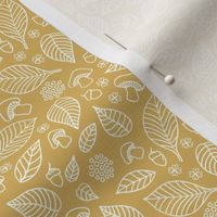 Little forest leaves and toadstools autumn woodland boho design hand drawn outline white on mustard yellow