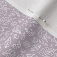 Little forest leaves and toadstools autumn woodland boho design hand drawn outline white on lilac lavender 