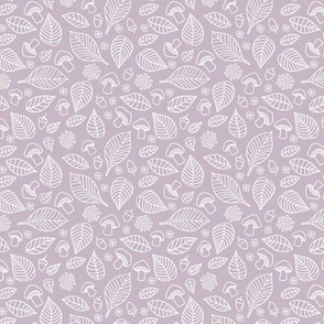 Little forest leaves and toadstools autumn woodland boho design hand drawn outline white on lilac lavender 